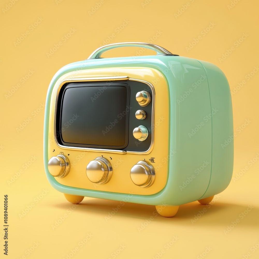 Nostalgic Retro Mint Green Television on Yellow Background Nostalgic Retro Mint Green Television on Yellow Background