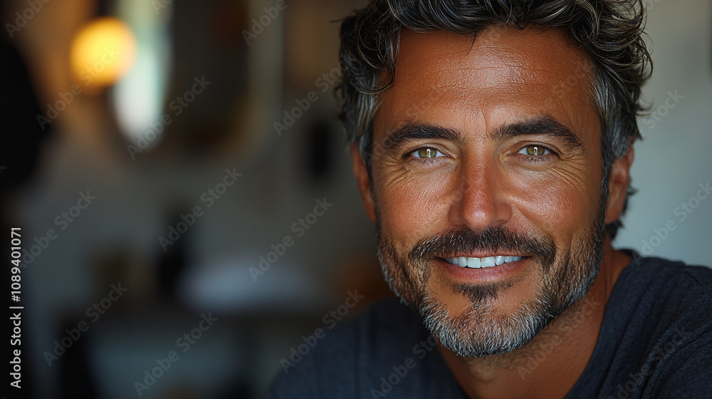 Joyful Middle-Aged Man Smiling in Front of a Blurry Background Joyful Middle-Aged Man Smiling in Front of a Blurry Background
