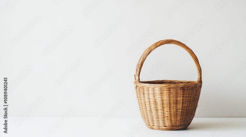 Wicker basket with a single handle positioned on a minimalist white background, showcasing its intricate weaving and natural texture. Wicker basket with a single handle positioned on a minimalist white background, showcasing its intricate weaving and natural texture.