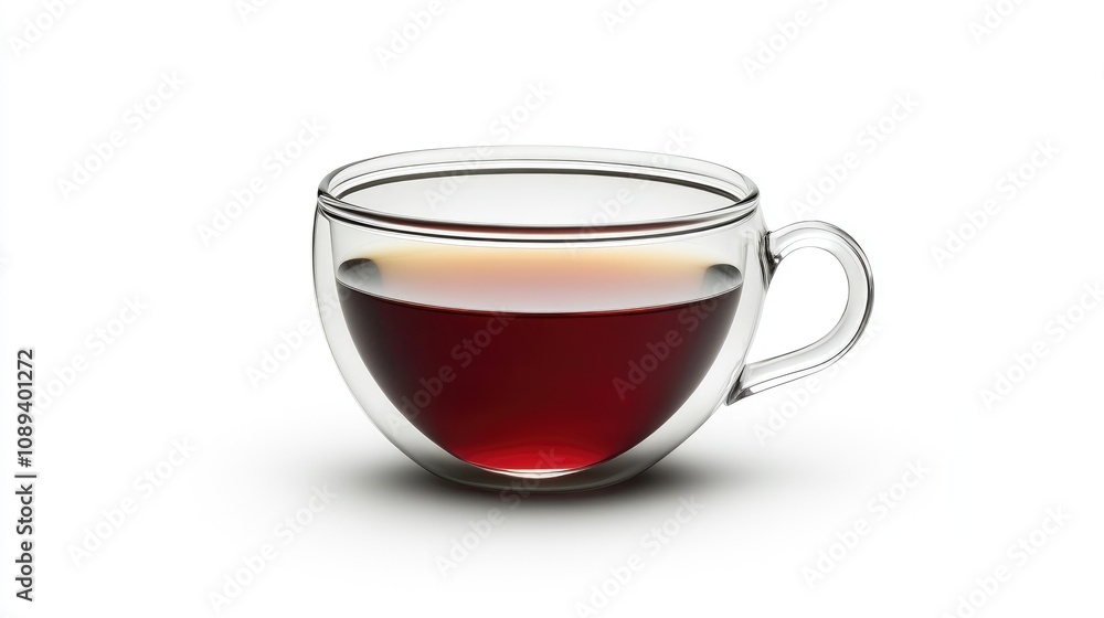 Transparent glass cup filled with dark brown tea, showcasing a simple and elegant design against a clean white background. Transparent glass cup filled with dark brown tea, showcasing a simple and elegant design against a clean white background.