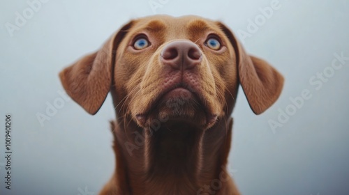 Wallpaper Mural Brown dog with a joyful expression and striking blue eyes, captured in a close-up against a soft, blurred background. Torontodigital.ca