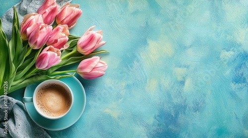 Spring breakfast flat lay with pink tulips and a turquoise coffee cup on a textured blue pastel tabletop, exuding a fresh and inviting ambiance. photo