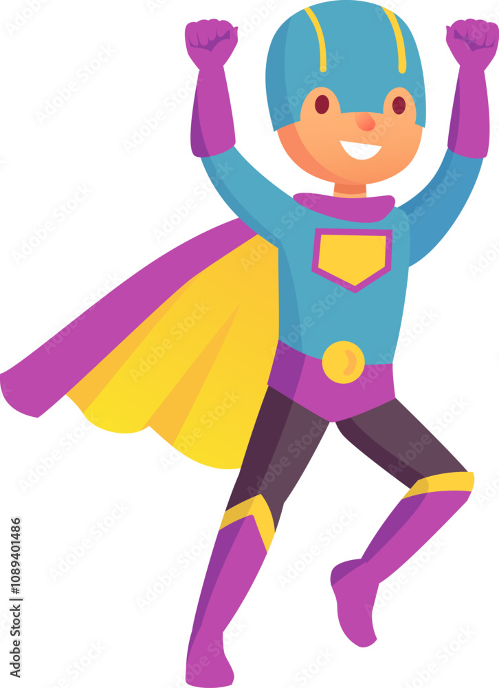 Powerful superhero kid wearing a colorful costume with cape and mask, flying and raising fists, celebrating victory and showing strength with a joyful expression Powerful superhero kid wearing a colorful costume with cape and mask, flying and raising fists, celebrating victory and showing strength with a joyful expression