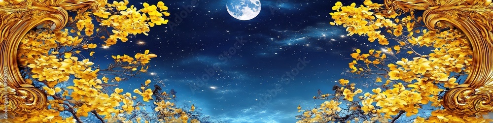 Abstract Marketing Background Featuring Dramatic Summer Osmanthus Blossoms Under a Night Sky with Moon and Stars, Framed in Baroque Style with a Heavenly Ceiling Mural, Enhanced with AI-Generated Desi Abstract Marketing Background Featuring Dramatic Summer Osmanthus Blossoms Under a Night Sky with Moon and Stars, Framed in Baroque Style with a Heavenly Ceiling Mural, Enhanced with AI-Generated Desi