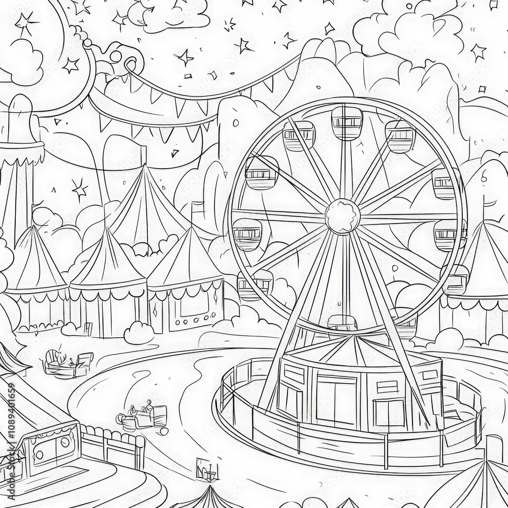 Fototapeta premium A bright carnival with ferris wheel and games, coloring page for kids, simple outline illustration. Coloring book, simple lines.