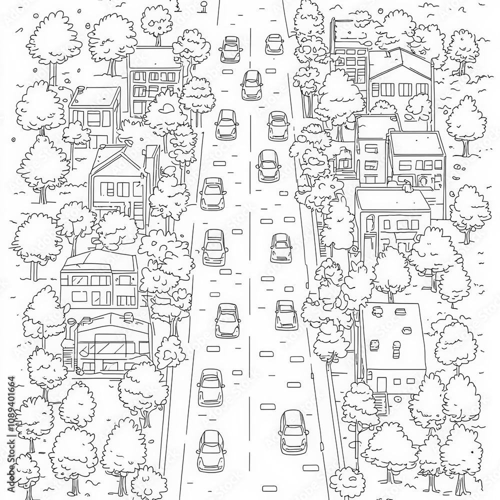 Obraz premium A bustling city street with cars and bicycles, coloring page for kids, simple outline illustration. Coloring book, simple lines.