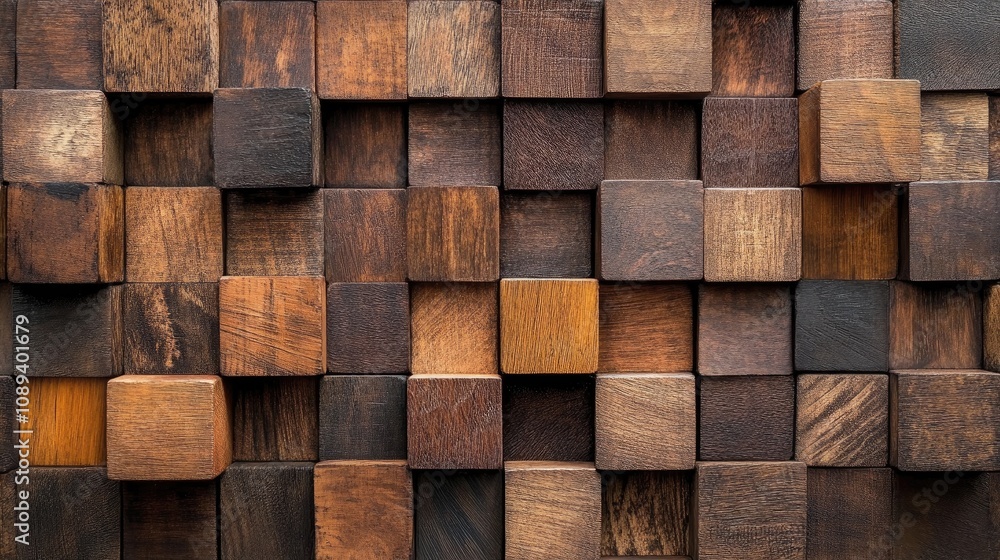 Abstract pattern of stacked wooden cubes in various shades of brown, creating a textured wall design ideal for wallpapers or graphic banners.