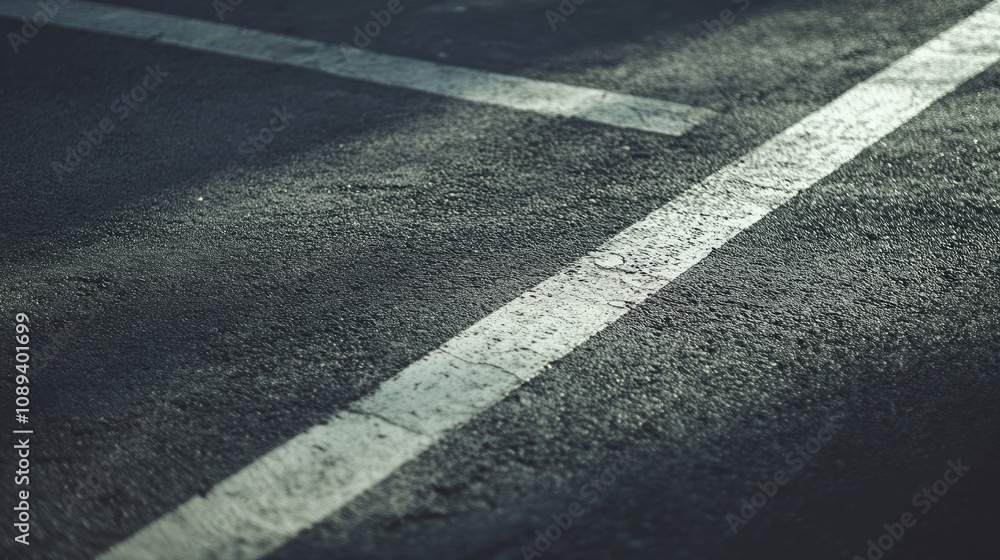Fototapeta premium Paved parking lot asphalt with clearly marked white dividing lines and textured surface illuminated by soft natural light.