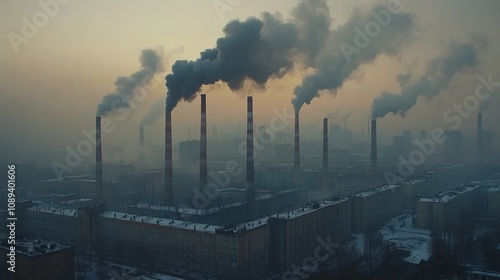 Industrial smog over city, pollution, chimneys. photo