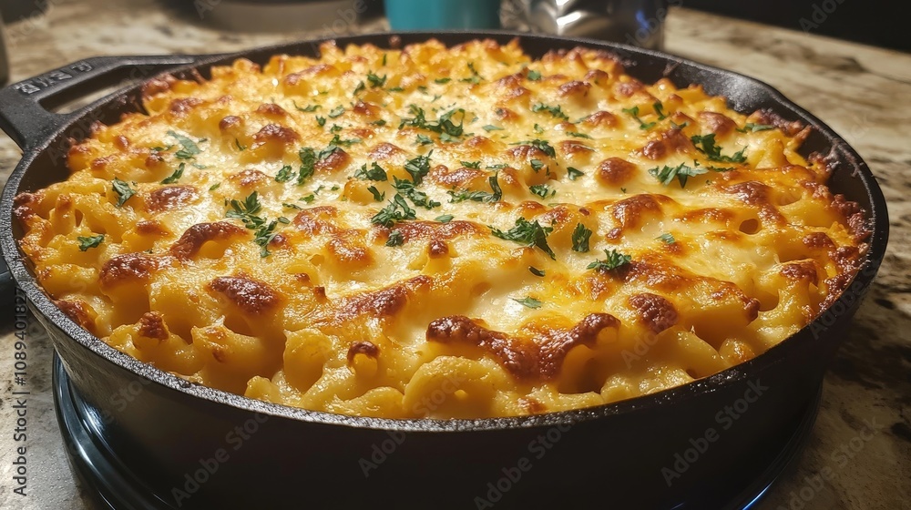 Golden cheesy macaroni casserole bubbling in a cast iron skillet, topped with fresh parsley and a crispy, golden crust. Golden cheesy macaroni casserole bubbling in a cast iron skillet, topped with fresh parsley and a crispy, golden crust.