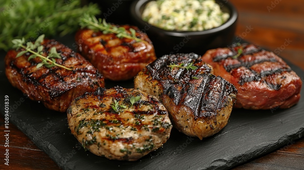 Grilled assortment of steaks, chicken, and pork on a slate platter, beautifully garnished with fresh herbs and accompanied by a bowl of herb butter. Grilled assortment of steaks, chicken, and pork on a slate platter, beautifully garnished with fresh herbs and accompanied by a bowl of herb butter.
