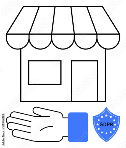 Store facade, hand offering gesture, GDPR shield icon. Ideal for small business, data privacy, legal compliance, customer care, trust safety transparency themes. Line metaphor