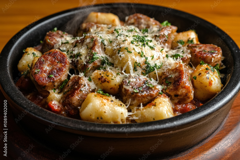 A Close-Up Of A Steaming Bowl Of Malloreddus, The Famous Sardinian Gnocchi, Served With A Rich Tomato And Sausage Sauce And Garnished With Fresh Basil And Grated Cheese A Close-Up Of A Steaming Bowl Of Malloreddus, The Famous Sardinian Gnocchi, Served With A Rich Tomato And Sausage Sauce And Garnished With Fresh Basil And Grated Cheese
