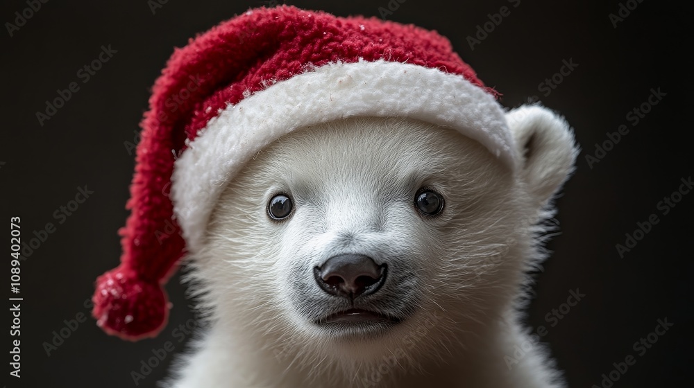Adorable polar bear wearing a festive christmas hat in close-up Adorable polar bear wearing a festive christmas hat in close-up