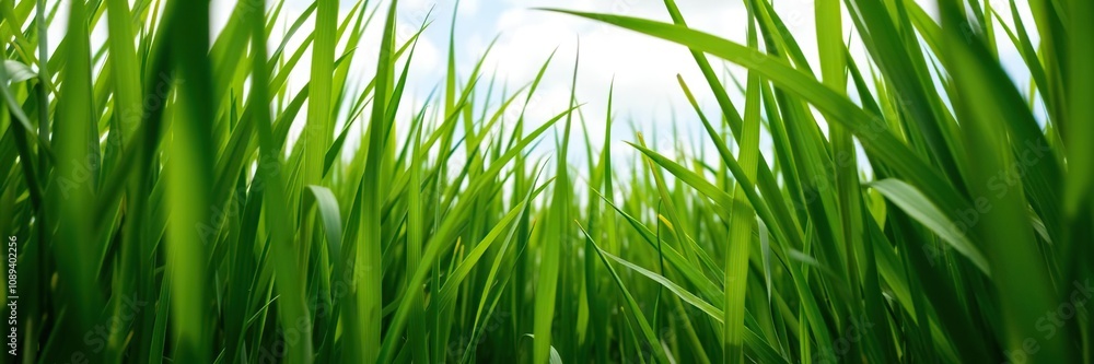Lush green grass blades stretching towards the sky in a dense meadow, vegetation, outdoor landscape Lush green grass blades stretching towards the sky in a dense meadow, vegetation, outdoor landscape