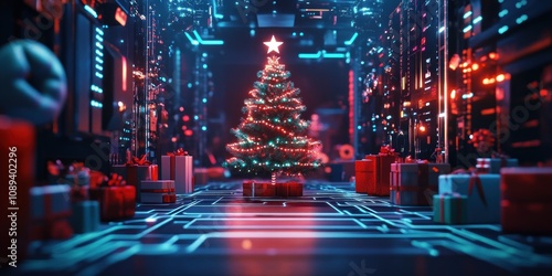 Neon-lit festive corridor with decorated tree.
