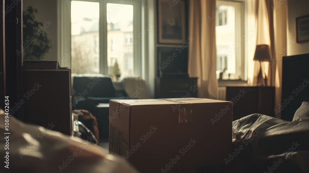 Fototapeta premium Cardboard box surrounded by unpacked belongings in a cozy room, reflecting the transition of settling into a new apartment.