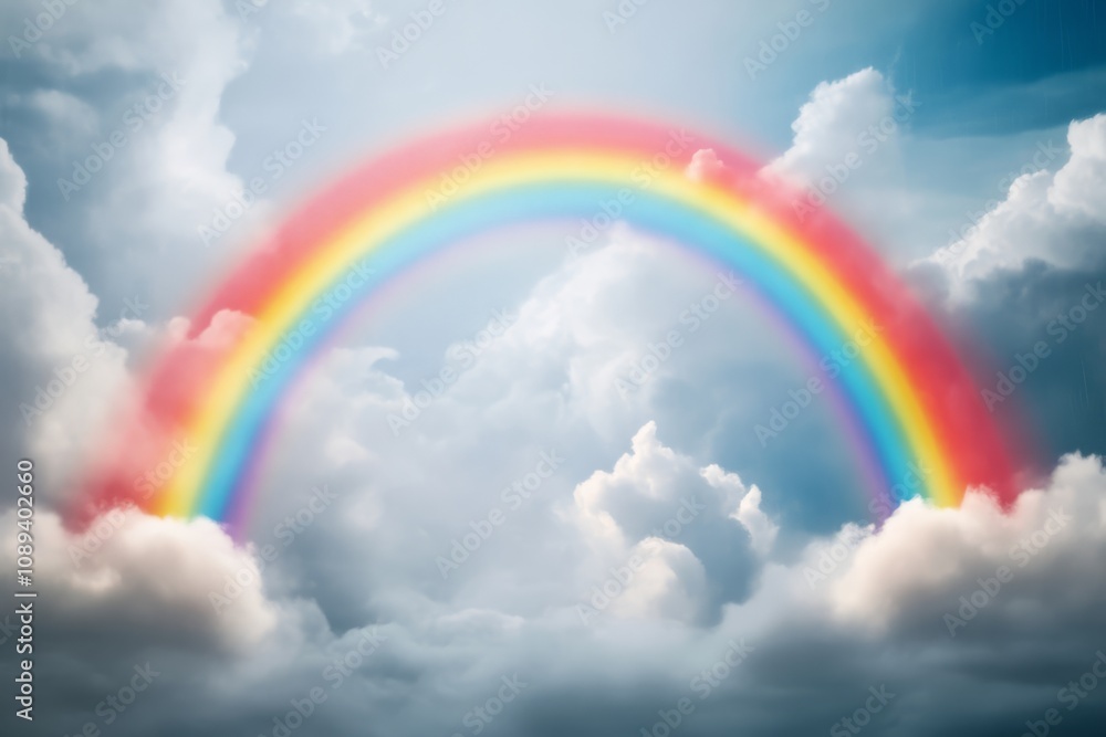 A vibrant rainbow arcs gracefully over fluffy clouds under a bright sky, creating a serene and colorful natural scene. A vibrant rainbow arcs gracefully over fluffy clouds under a bright sky, creating a serene and colorful natural scene.