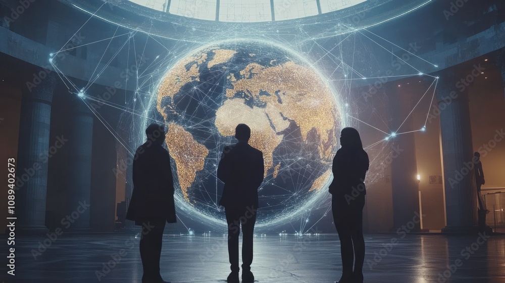 Business professionals standing around a digital globe, with network lines connecting them across countries. Business professionals standing around a digital globe, with network lines connecting them across countries.