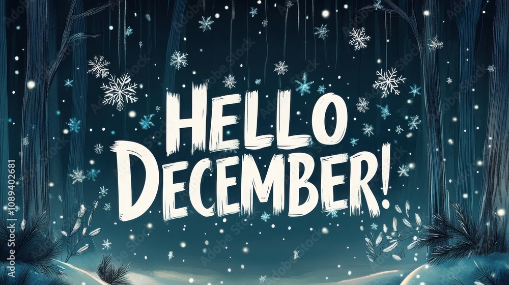 Hello December text surrounded by snowflakes and trees in a dark winter forest Hello December text surrounded by snowflakes and trees in a dark winter forest