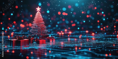 Futuristic Christmas tree with vibrant bokeh lights