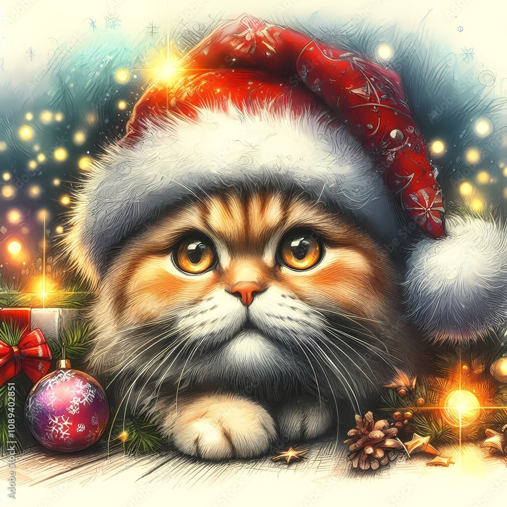 christmas cat with hat, postcard with a kitten christmas cat with hat, postcard with a kitten