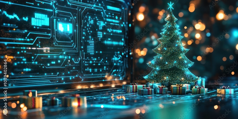 Shimmering holiday tree beside digital visuals Shimmering holiday tree beside digital visuals