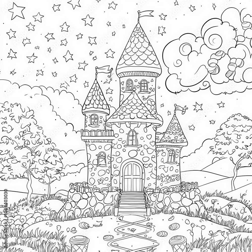 Naklejka premium A whimsical castle made of candy, coloring page for kids, simple outline illustration. Coloring book, simple lines.
