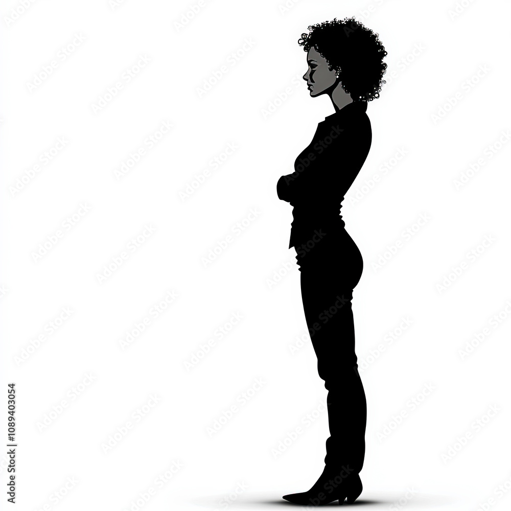 Fototapeta premium African American Woman Silhouette, Black And White Illustration Isolated On White Background
