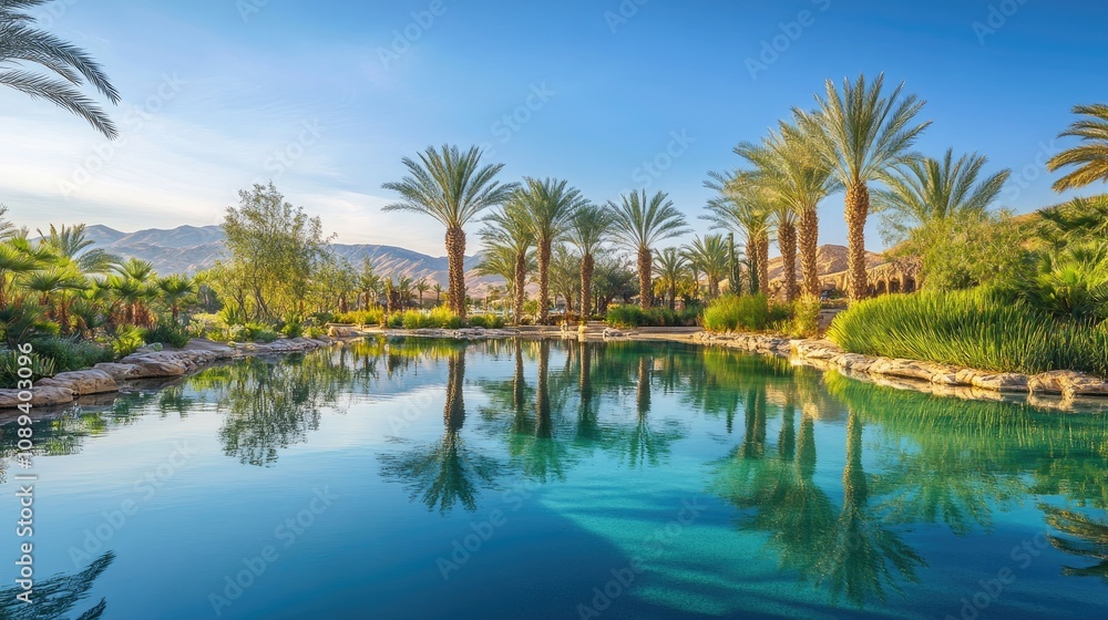 Tranquil oasis featuring tall palm trees, clear water reflecting the sky, and lush greenery alongside gentle sand dunes in a serene landscape. Tranquil oasis featuring tall palm trees, clear water reflecting the sky, and lush greenery alongside gentle sand dunes in a serene landscape.