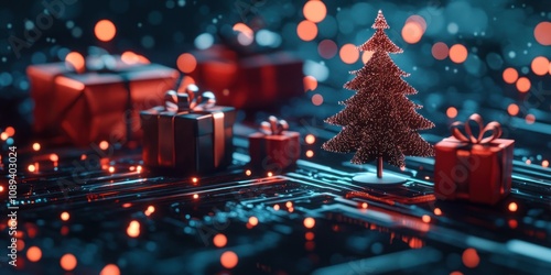 Cyber tree with presents in a digital winter scene.
