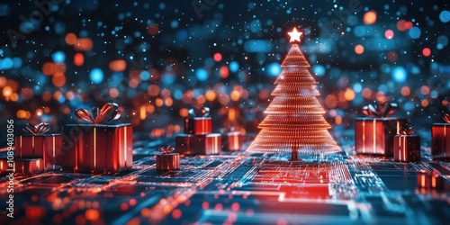 Dazzling digital Christmas tree surrounded by lights.