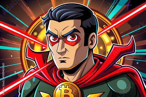 Young man in a cheerful posture with laser beam eyes, symbol of Bitcoin fans portrait