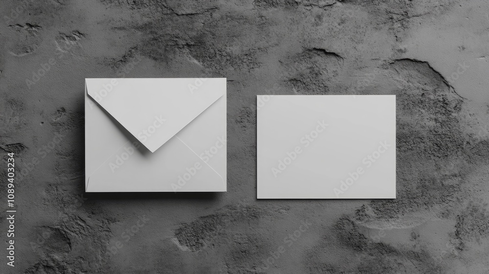 Blank white card beside a grey paper envelope on a textured concrete surface, perfect for showcasing designs or invitations in a minimalist setting. Blank white card beside a grey paper envelope on a textured concrete surface, perfect for showcasing designs or invitations in a minimalist setting.