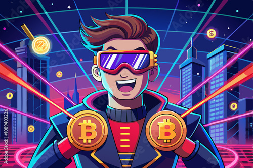 Young man in a cheerful posture with laser beam eyes, symbol of Bitcoin fans portrait