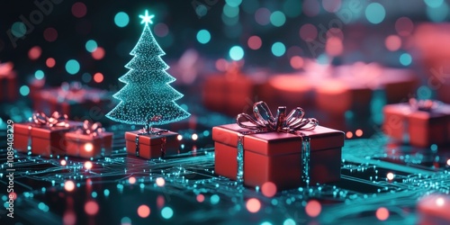 Futuristic digital Christmas tree with glowing gifts.