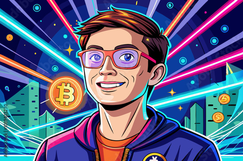 Young man in a cheerful posture with laser beam eyes, symbol of Bitcoin fans portrait