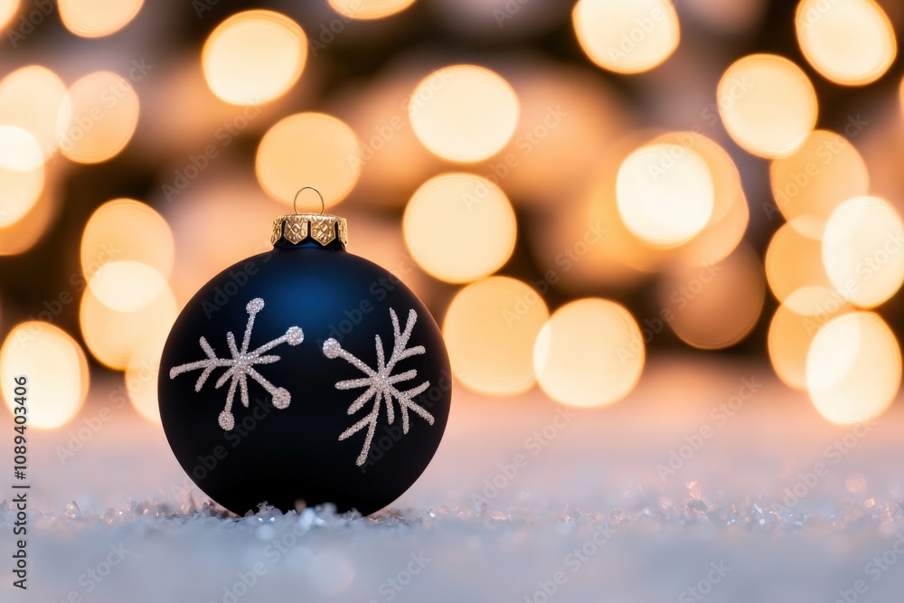 Fototapeta premium black ornament with snowflake design on a snowy surface with blurred lights in the background