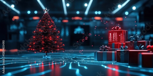 Red digital Christmas in a futuristic setting.