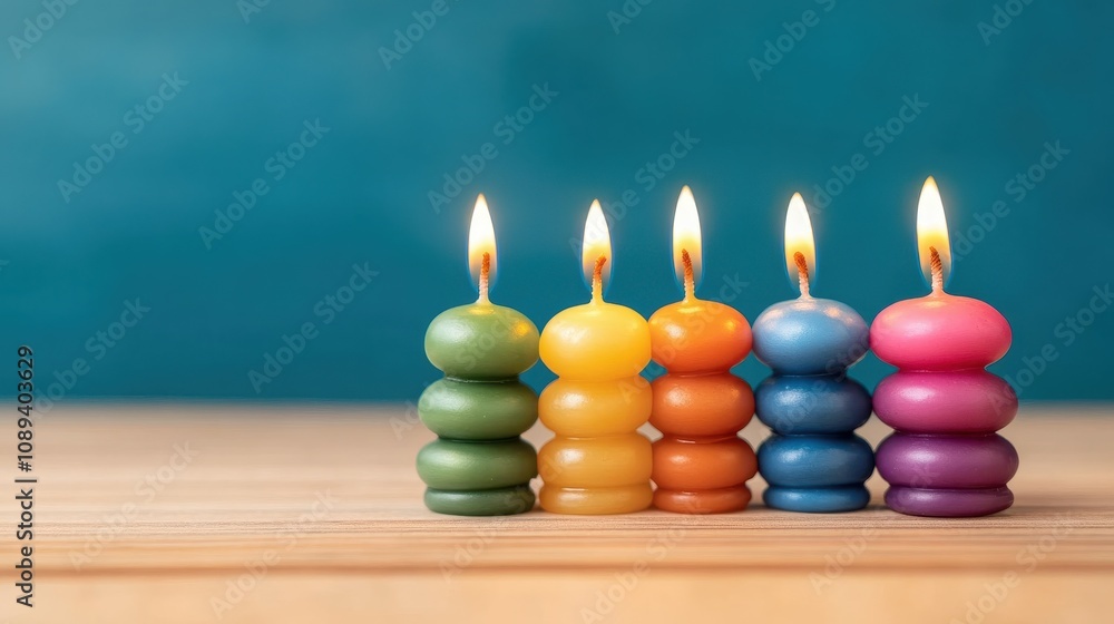 Five colorful candles with flames are arranged on a wooden surface, casting a warm glow against a blue background. Five colorful candles with flames are arranged on a wooden surface, casting a warm glow against a blue background.