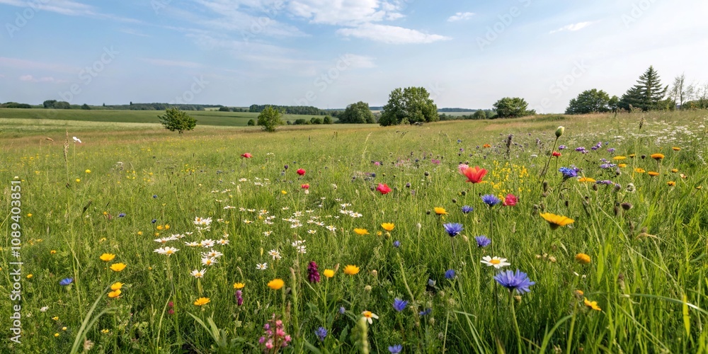 Obraz premium Meadow with vibrant wildflowers and green grass, organic, flora, valleys, sunny, sky