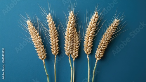 Wheat ears displaying gluten intolerance and celiac disease, arranged in a summer harvest style against a vibrant blue backdrop.