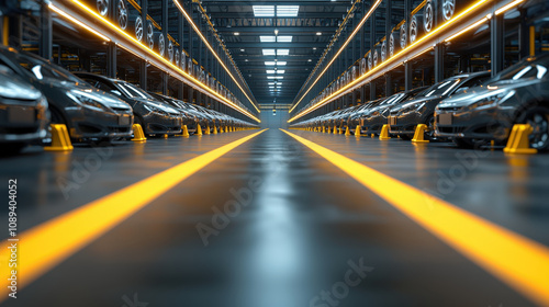 modern automotive factory showcasing rows of sleek cars in high tech environment. bright lighting and organized layout highlight advanced manufacturing process