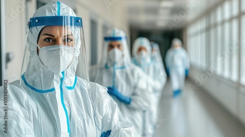 Doctors wearing complete PPE gear in a hospital hallway, preparing for their next shift. 