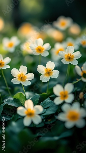 yellow and white flowers on a green surface are cute and beautiful. spring, flora and botany