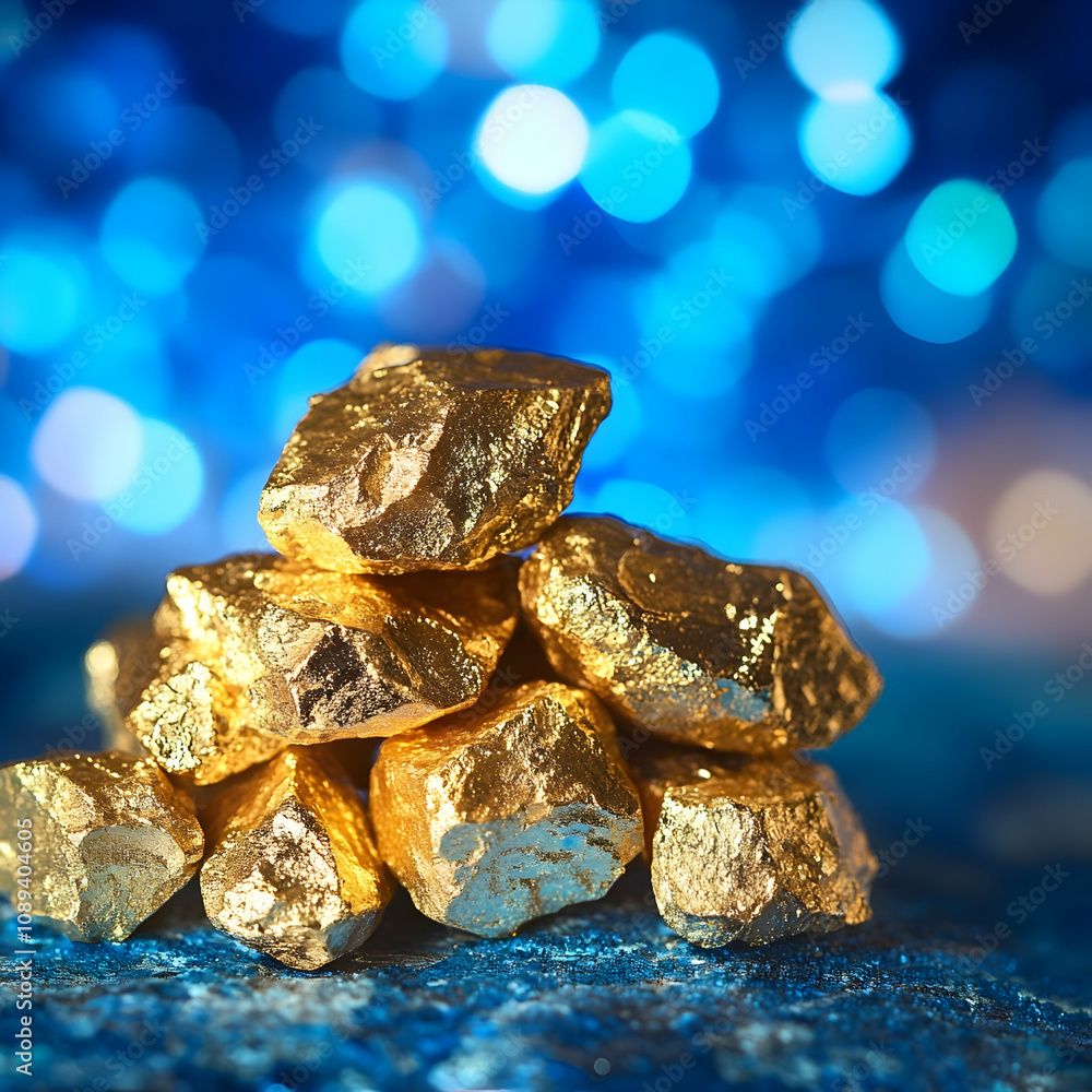 Golden mineral wealth, a striking arrangement of gleaming gold nuggets stacked on a textured surface, set against a captivating blue bokeh background.
Golden mineral wealth, a striking arrangement of gleaming gold nuggets stacked on a textured surface, set against a captivating blue bokeh background.