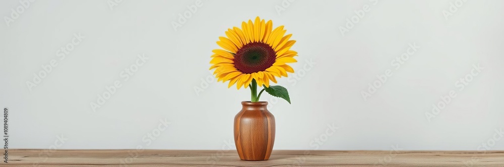 Fototapeta premium Minimalist depiction of sunflower in a small wooden vase with rustic texture, abstract flower, geometric shape, natural material