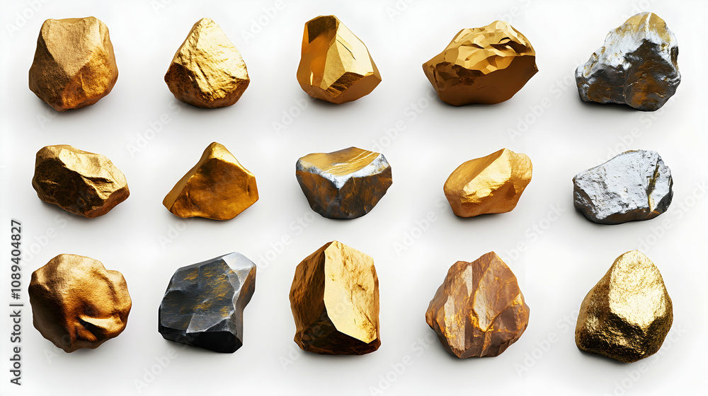 Golden stones set on white background isolated close up, gold nuggets collection, yellow metal rocks samples texture, gold mine, gold ore, group of shiny golden lumps, rough gold, Generative AI
Golden stones set on white background isolated close up, gold nuggets collection, yellow metal rocks samples texture, gold mine, gold ore, group of shiny golden lumps, rough gold, Generative AI