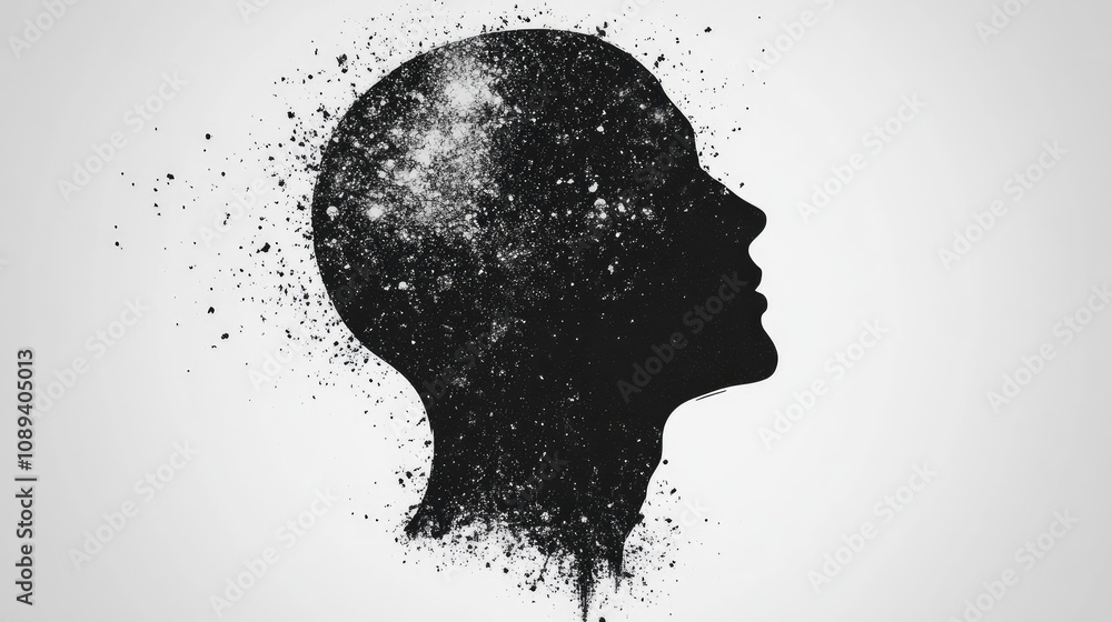 Silhouette of a human head with a galaxy-inspired starry pattern emerging from it, set against a clean white background. Silhouette of a human head with a galaxy-inspired starry pattern emerging from it, set against a clean white background.