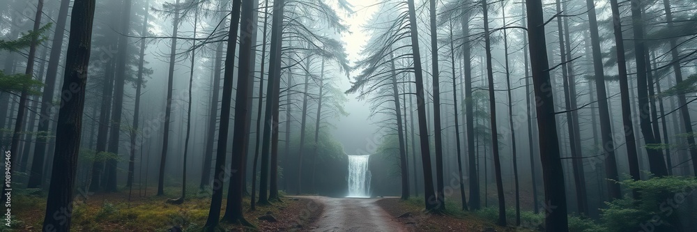 Misty forest with tall trees and a winding path leading to a tranquil waterfall, peaceful woods, winding path, misty forest